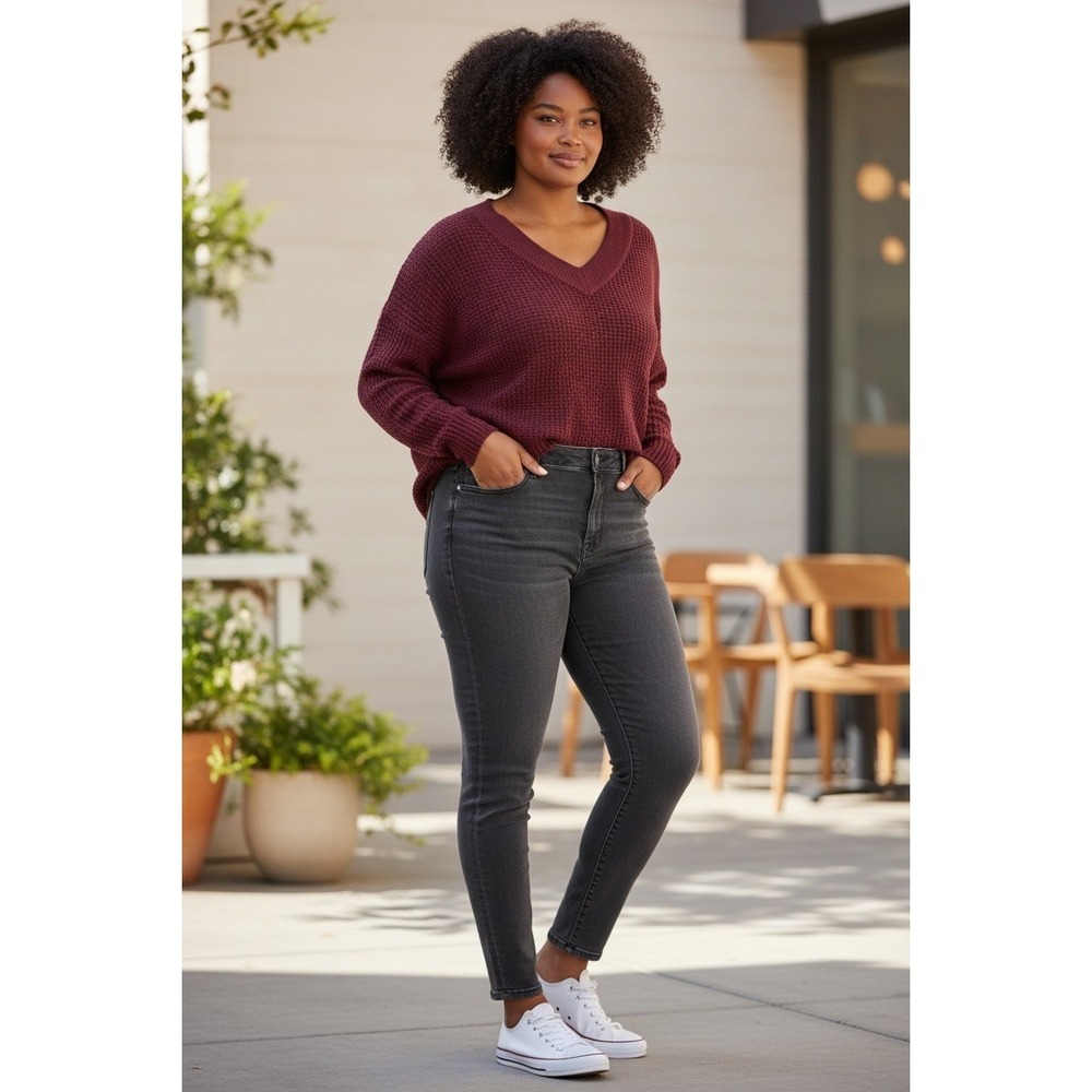 ZENANA PREMIUM Burgundy Waffle Knit V Neck Long Sleeve Sweater XL